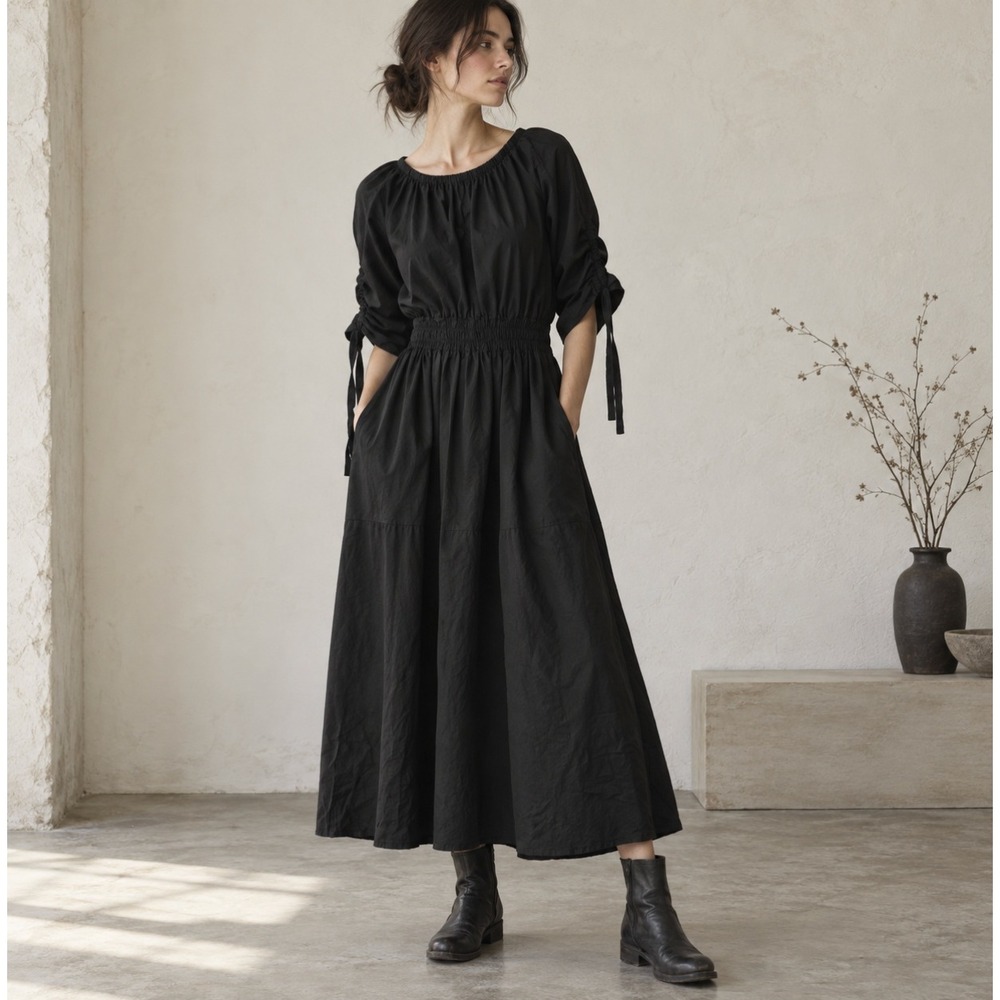 IC Connie K Black Midi Dress Cotton Mixed Media Small Lagenlook Modern Minimal